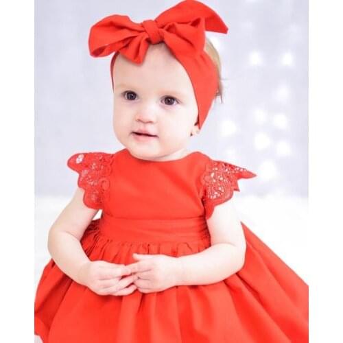 2 PCS Christmas Newborn Baby Girl Clothes Lace Red Princess Baby Romper Dress Headband Flower Dress