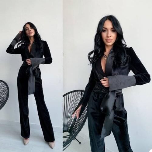 Black Velvet Women Blazer Suit with Belt Long Sleeve Slim Fit Ladies Formal Pants Suits Prom Party Wedding (jacket+pants)