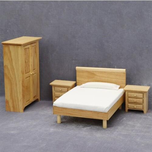4X Wooden Stylish Unpainted Bedroom Furniture Double Bed, Night Table & Wardrobe 1/12 Dollhouse Room Life Scene Accessory Set