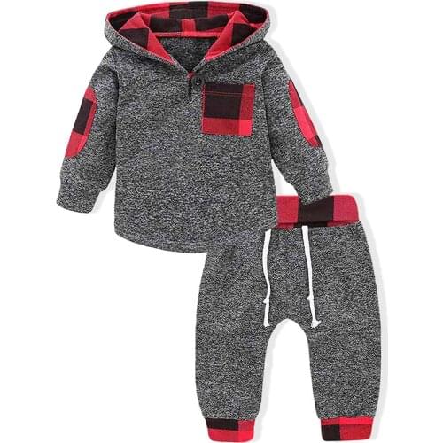 Baby Clothing Sets Stylish Plaid Set Autumn Toddler Outfit For Little Boy Girl Hooded Sweatshirt With Pocket+Pants Infant Suit