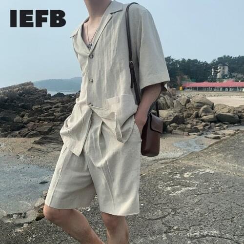 IEFB Mens Cotton Linen Short Sleeve Shirt Suit + Loose Wide Leg Shorts Summer Casual Mens Comformation Two Pieces Set 9Y7202