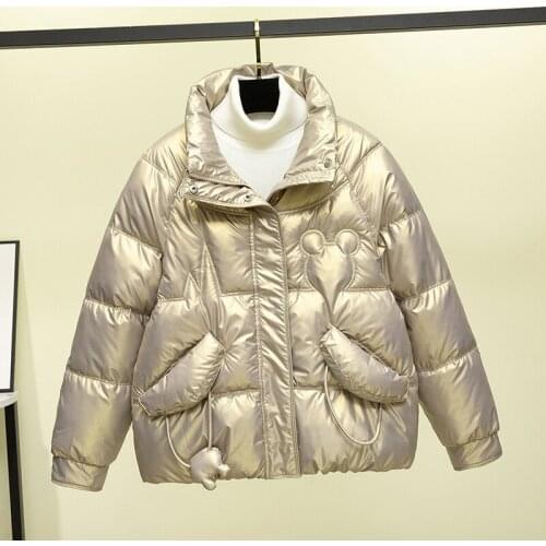 Glossy Down Cotton Winter Womens Short Jacket Turn Down Collar Puffer Coat for Female Thick Warm Quilted Cotton Padded Parkas