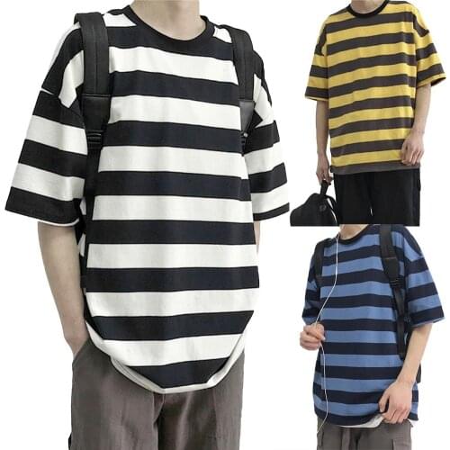 Men Stylish O Neck Short Sleeve Horizontal Stripes Bottoming Top Cotton T-shirt