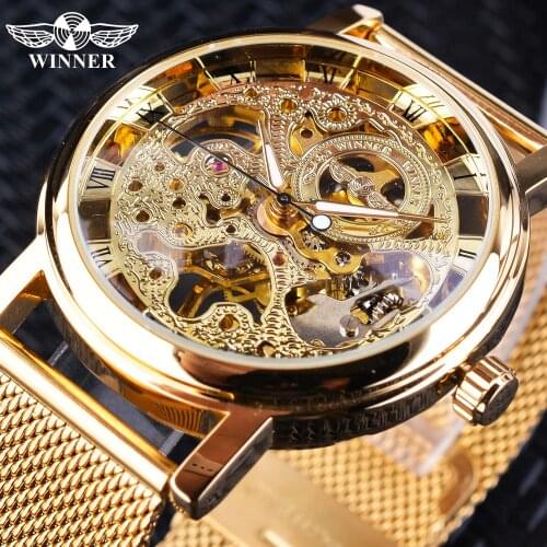 Winner Thin Case Full Golden Design Retro Openwork Clock Mesh Band Mens Mechanical Watches Top Brand Luxury Luminous Hands