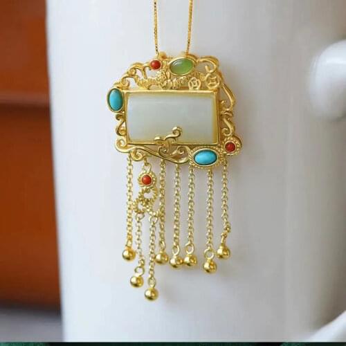 Original S925 Sterling Silver Natural Hetian Jade White Jade Tassel Pendant Ancient Style Han Chinese Clothing Necklace Court