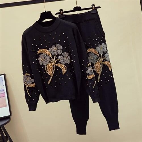 Autumn Women Set Beading Flowers Sweater Knitted Pencil Pants Two Piece Outfits Female Loose Black Pullover Knit Trousers Suit
