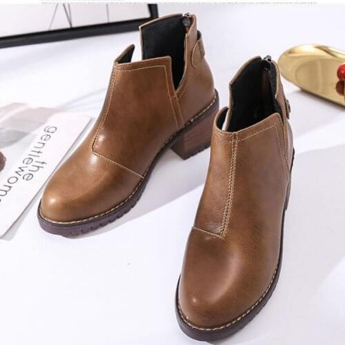 Spring And Autumn New Womens Mid-heeled Shoes PU Retro Fashion Temperament Zipper Casual High Quality Female Ankle Boots B22-68