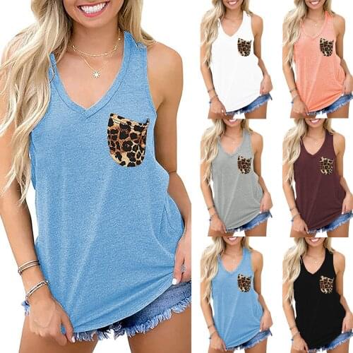 Sleeveless Tunic Tops For Ladies Plus Size 2021 Summer Sexy Women Fashion Sexy V-neck Patchwork Leopard Print Shirt Vest Top