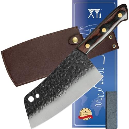 XYJ 7 Inch Full Tang Chinese Cleaver Knife With Sheath And Whetstone Hammer Finish Gift Box Chefs Knife For Meat Vegetable Fish