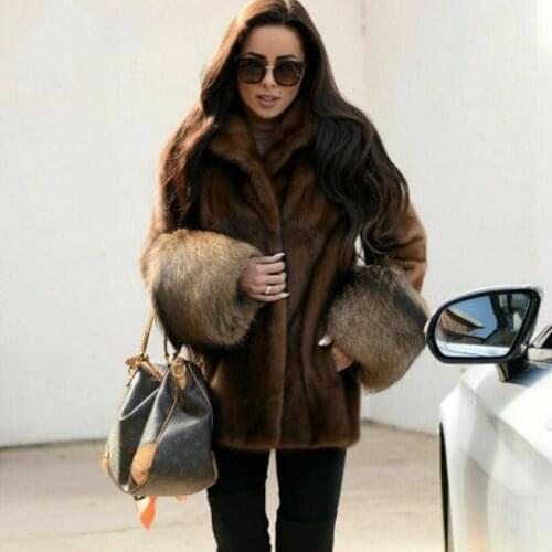Medium Length Real Mink Fur Jacket Turn-down Collar Luxury Women Natural Mink Fur Coat with Raccoon Dog Fur Sleeve Cuffs Outwear