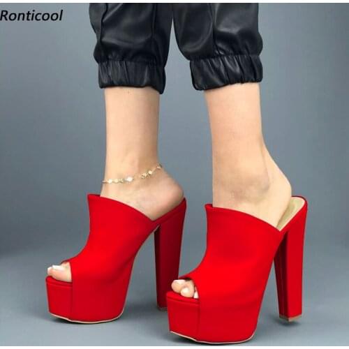 Ronticool New Arrival Women Platform Mules Sandals Block Heels Peep Toe Beautiful Red Fuchsia Beige Party Shoes US Size 5-20