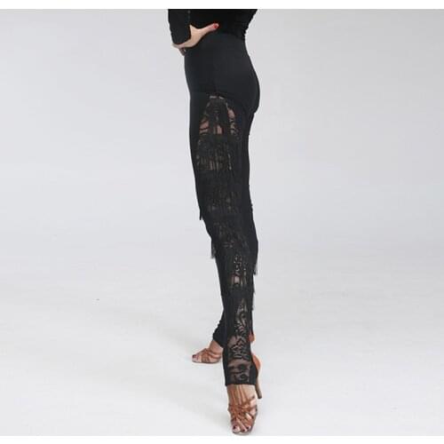 Ballroom Latin Dance Lace Tassel Pants Salsa Dress Modern Dancing Clothes Woman Black Tight Dancer Cha Cha Practice Wear PY015