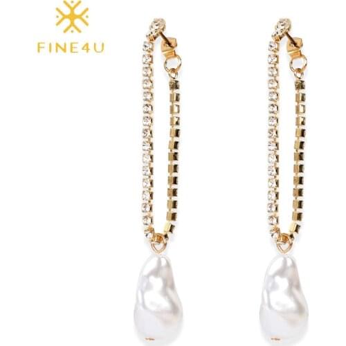 FINE4U E260 Crystals Pearl Dangle Earrings for Women Gold Color Post Shell Pearl Drop Earrings