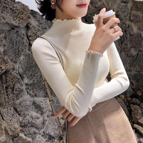 Ruffles Sweater Turtleneck Ruched Woman Black Sweaters High Elastic Solid Female Slim Sexy Knitted Pullovers 2021 Autumn Winter