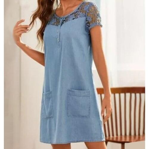 2020 Dress Women Fashion Short Sleeve Lace Patchwork Buttons Pocket Knee-length Denim Dress Womens Clothing женское платье