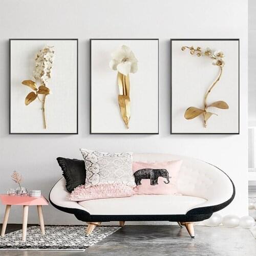 Golden Elegant Leaves and Flowers Wall Art Canvas Painting Wall Pictures for Living Room Nordic Decoration Pictures Morden Decor