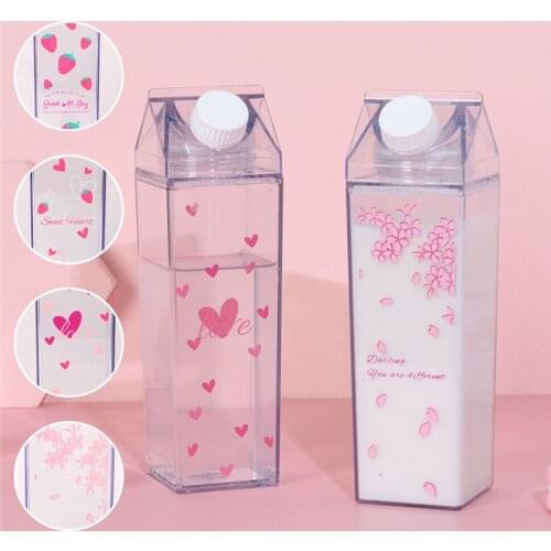 500ML Creative Cute Plastic Clear Milk Carton Water Bottle ins Fashion Strawberry Transparent Milk Box Juice Water Cup Bottle