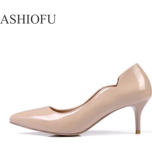 ASHIOFU Hot Sale Women Pumps Slip-on Party Office 6cm High Heel Dress Shoes Patent Leather Fashion Evening Court Shoes 6 Colors