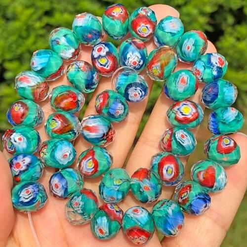 Blue Green Murano Transparent Faceted Rondelle Red Flower Lampwork Crystal Glass Beads For Bracelet Making Women Diy Accessories