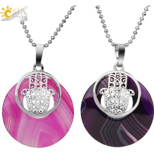 CSJA Hamsa Fatima Hand Pendant Natural Gems Stone Lava Onyx Donut Shape Bead Pendants & Necklaces Fashion Women Men Jewelry G142