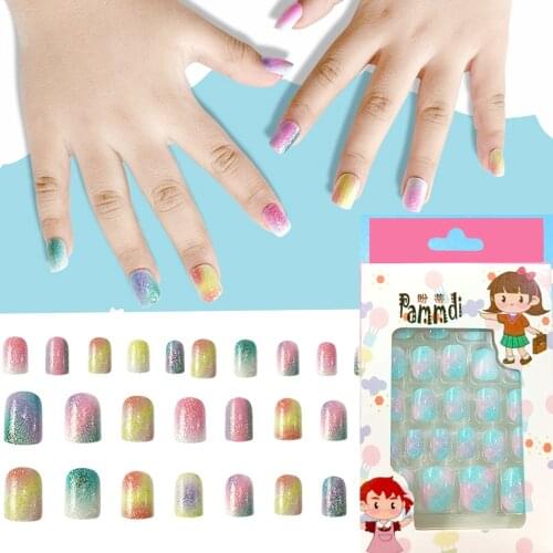 Colorful Baby False Nail Tips Lovely Press On Fake Nails Self-adhesive Artificial Nail for Kids Little Girls 24Pcs/Box