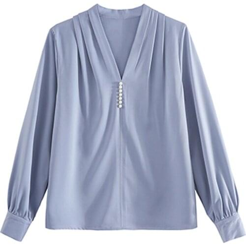 Women Blouses Blusas Mujer De Moda 2021 Blouse Women Beading V-neck Blue Chiffon Blouse Shirt Long Sleeve Women Shirts Tops C420