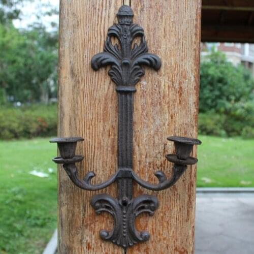 European Vintage Heavy Industrial Accents Home Decor Cast Iron Large Wall Sticker Candle Holder with Two Cups
