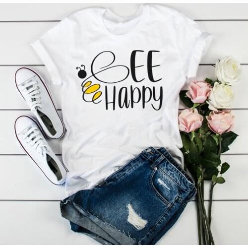 Women Bee Happy Letter Cartoon Fashion Print Clothes Ladies Womens Tops Clothes Female Tumblr T-Shirt Graphic T Shirt T-shirts