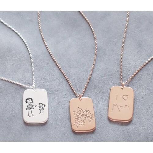 Customized Childrens Drawing 925 Sterling Silver Rectangular Necklace,Creative Customizable Round Childrens Painting Necklace