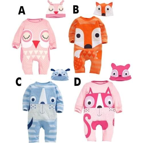 2PCS/spring autumn newborn baby boys girls clothes cartoon cute toddler rompers+hats 100% cotton jumpsuit infant clothing BC1113