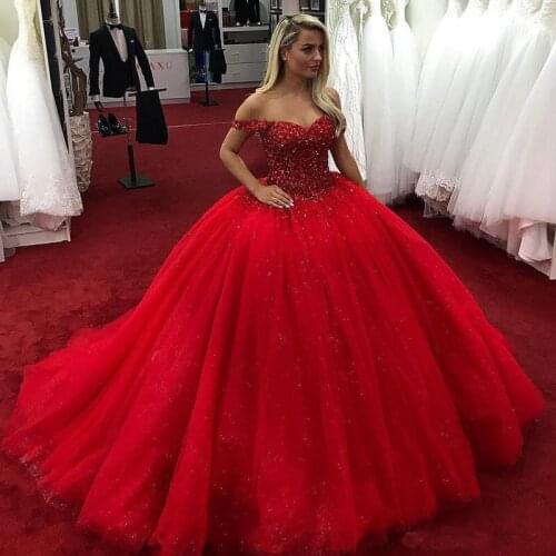 Red Sweet 16 Quinceanera Dresses Crystals Beaded Plus Size Off The Shoulder Corset Ball Gown