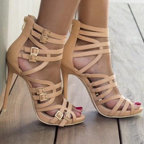 Hot selling solid color multi buckle strap embellished high heel sandals fashion ankle wrap back zipper stiletto heel sandals