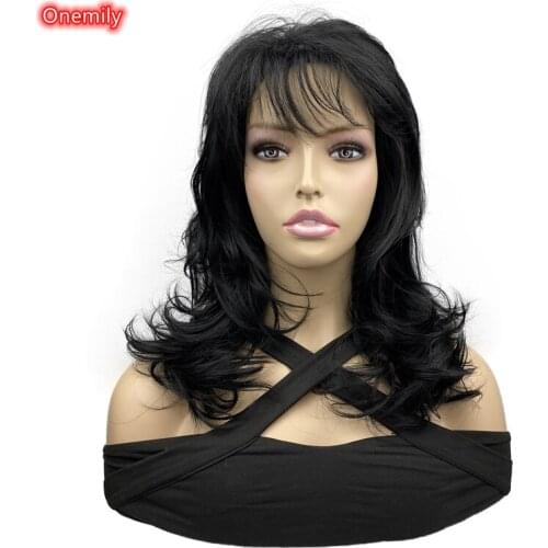 Onemily Cheap Quality Long Wavy Heat Resistant Synthetic Natural Womens Daily Wigs with Air Bangs
