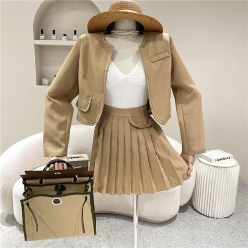 Autumn Winter Small Fragrance 2 Piece Set Women Crop Top Chain Short Coat & Pleated Skirts Sets French Vintage Two Piece Suits