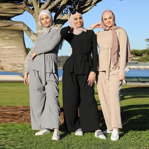 Autumn Elegant two pieces knit muslim sets Worship service robe suits Stretch Abaya suits Tunic Jubah dubai Ramadan abayas F2630