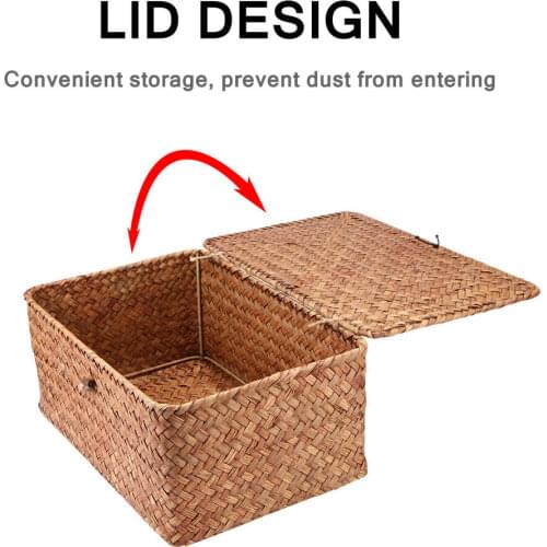 Square Seaweed Hand-Woven Storage Basket Rattan Jewelry Straw Box Toy Wicker Storage Tools Organizer With Button Lid