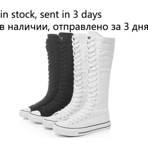 2020 New Spring autumn Women Shoes Canvas Casual High Top Shoes Long Boots Lace-Up Zipper Comfortable Flat boots sneakers