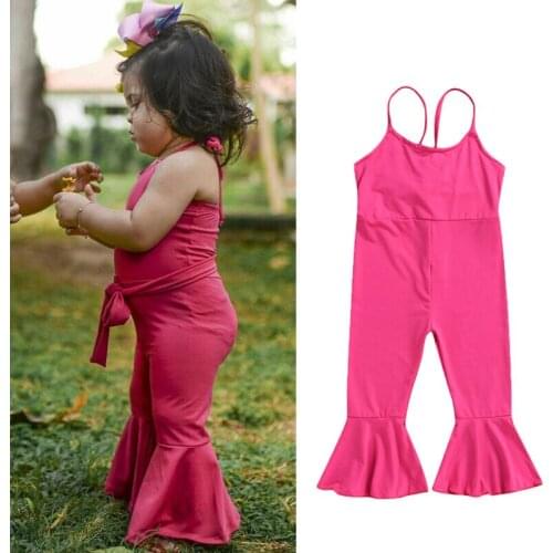 Newborn Baby Kid Girl Cotton Romper Sleeveless Jumpsuit Clothes Outfits Flare Pants Solid Bandage Bow Sunsuit