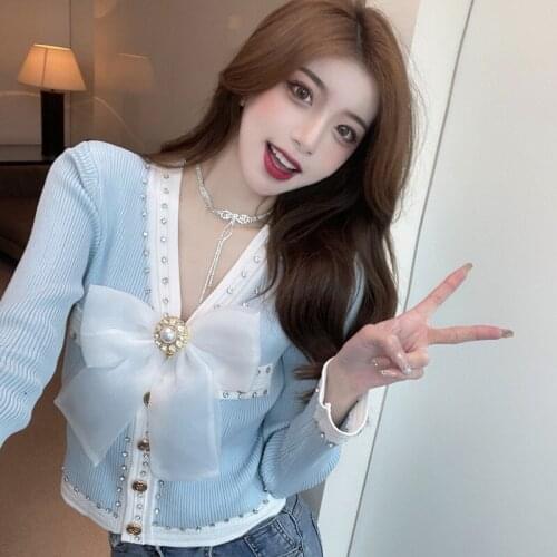 Women V-neck Diamonds Pearls Studded Mesh Bowknot Small Fragrant Wind Knit Long-Sleeved Cardigan Jacket Female Autumn 2021