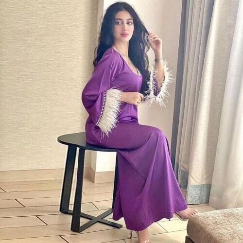 Spring 2021 New V Neck Long Sleeve Satin Maxi Dress for Women Purple Fashion Feather Lace Muslim Arabic Turkish Clothes