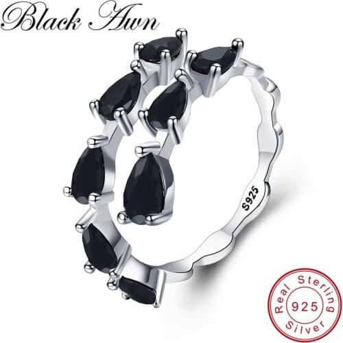[BLACK AWN] Cute 925 Sterling Silver Jewelry Black Spinel Elegant Wedding Rings for Women Open Finger Ring G062