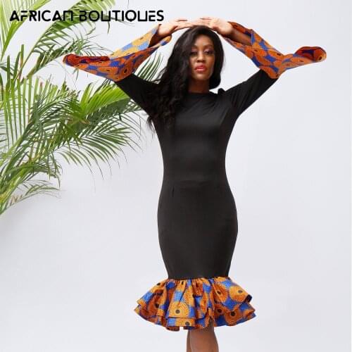 Ankara Africa print lotus leaf trumpet sleeve blue circle black sexy slim dress party sexy womens dress