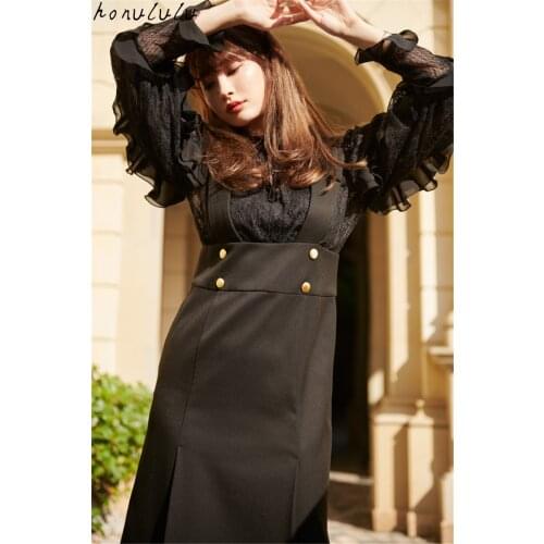 2021 Spring New Lace Lantern Sleeve Splicing Slim Strap Long Sleeve Dress Women