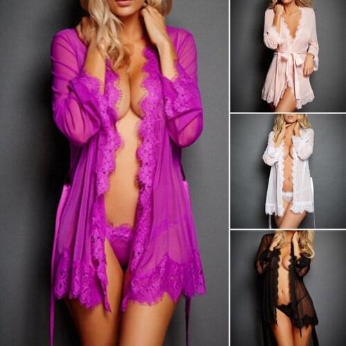 Womens Sexy-Lingerie Lace Short Mini Long Sleeve Open Front Lace Patchwork See-through Dress G-string Babydoll Dress
