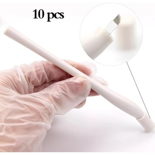 10pcs White Disposable Microblading Tebori Pen With 12pin 14pin 18U Tattoo Needle Blade Permanent Makeup Manual Eyebrow Supplies