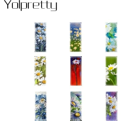 10pcs 10*25mm Rectangle Glass Cabochon daisy Flower Semi Finished Jewelry Making Componet
