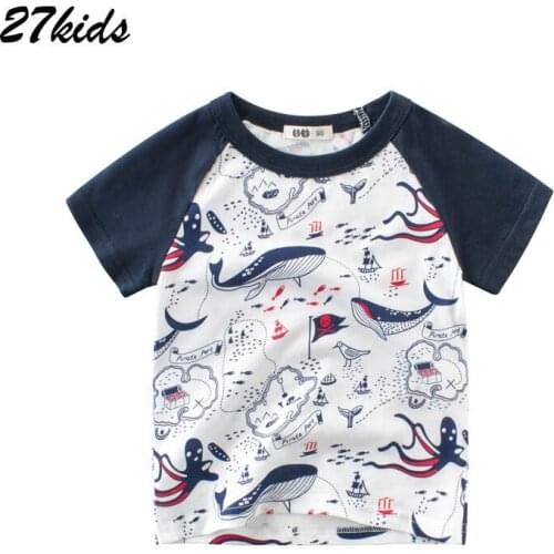27kids 2-9T Cartoon Shark Boy T Shirts for Children Kids Short Sleeve T-Shirts Summer Shirt Girl Ocean Vacation Top Costume