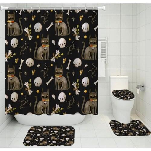4 Pieces Curtains Cats/Skulls Shower Curtain Halloween Toilet Mat Bath Sets 3D Print Washable Washroom U-shaped Pad Floor Rugs