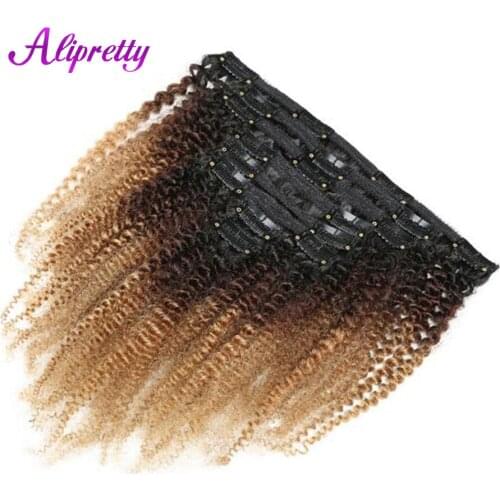 Alipretty Afro Kinky Curly Hair Clip Ins Extensions Human Hair 8-24 inch Ombre Color T1b/4/27 3 Tone Brazilian Remy Hair Bundles