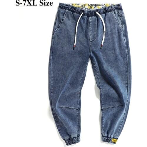 Plus Size 5XL 6XL 7XL Brand Mens Casual Jeans Streetwear Harem Pants High Quality Elastic Drawstring Trousers Male Black Blue